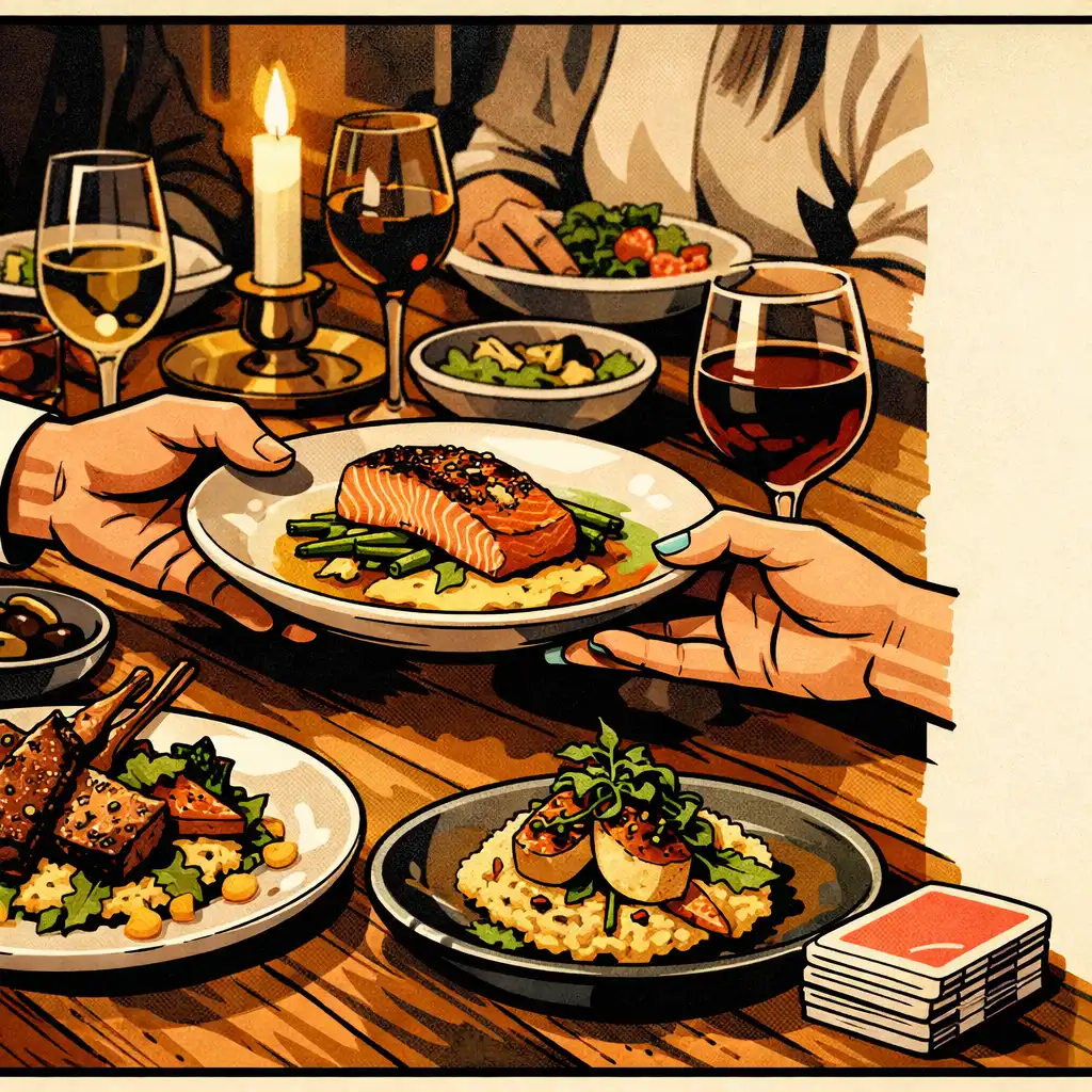 Plated dishes and shared hands at a warm dining table, with cards as a subtle social detail