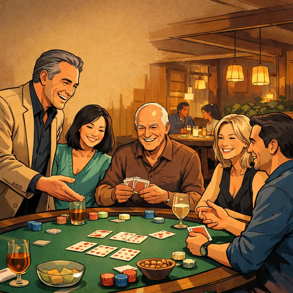 A host welcoming guests around a felt-topped table in The Golden Fortunee card lounge.