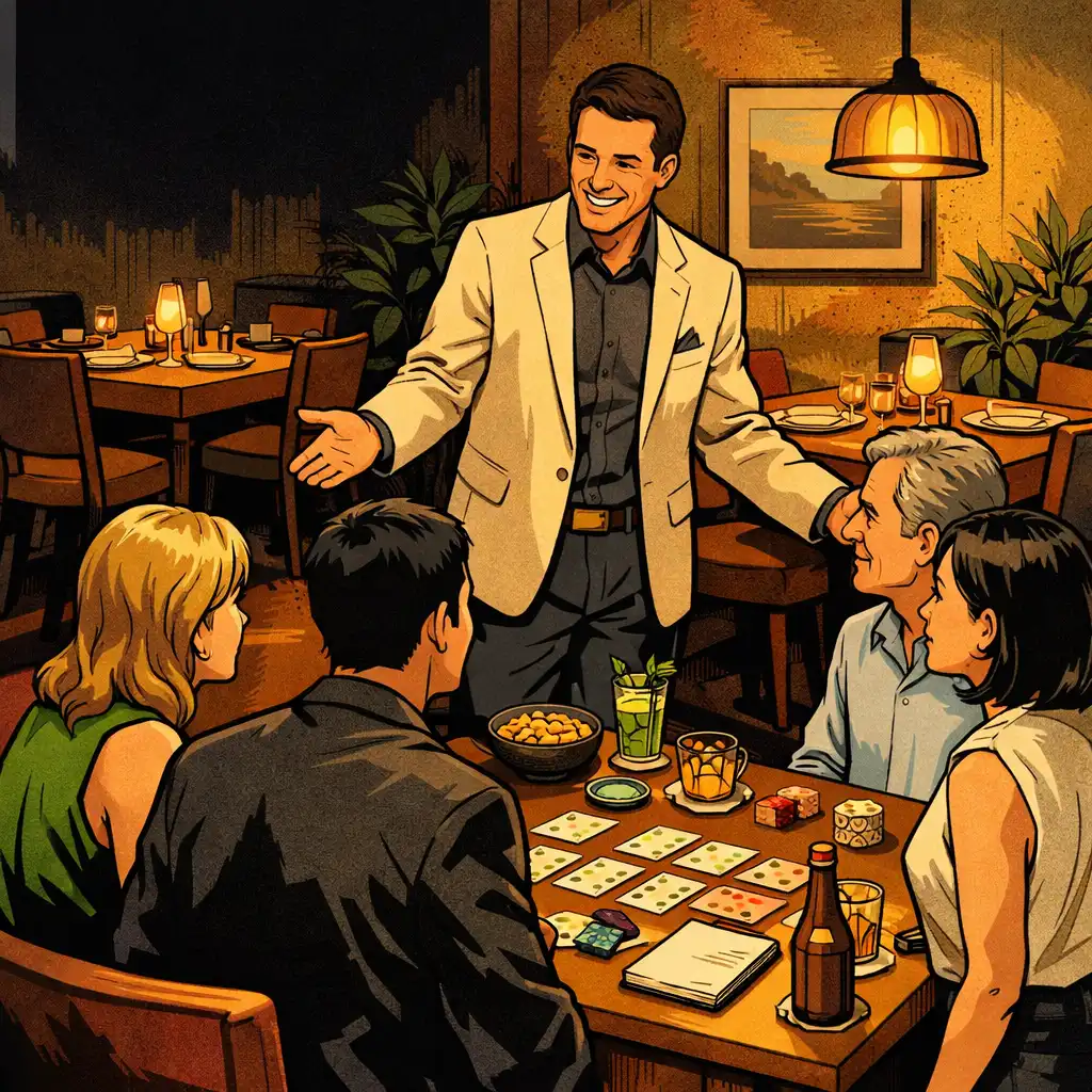 A host welcoming guests around a shared table in The Golden Fortunee Card Lounge