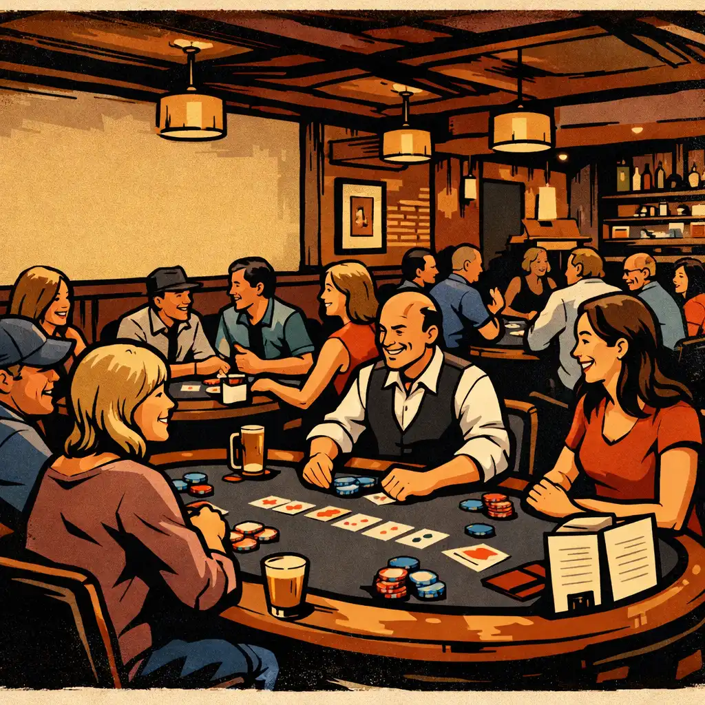Friends talking at hosted tables during a warm social evening in the Card Lounge