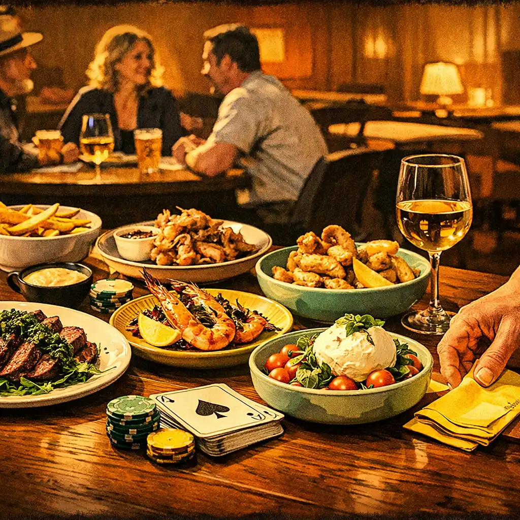 Shared plated dishes and hands setting a table before a social card evening