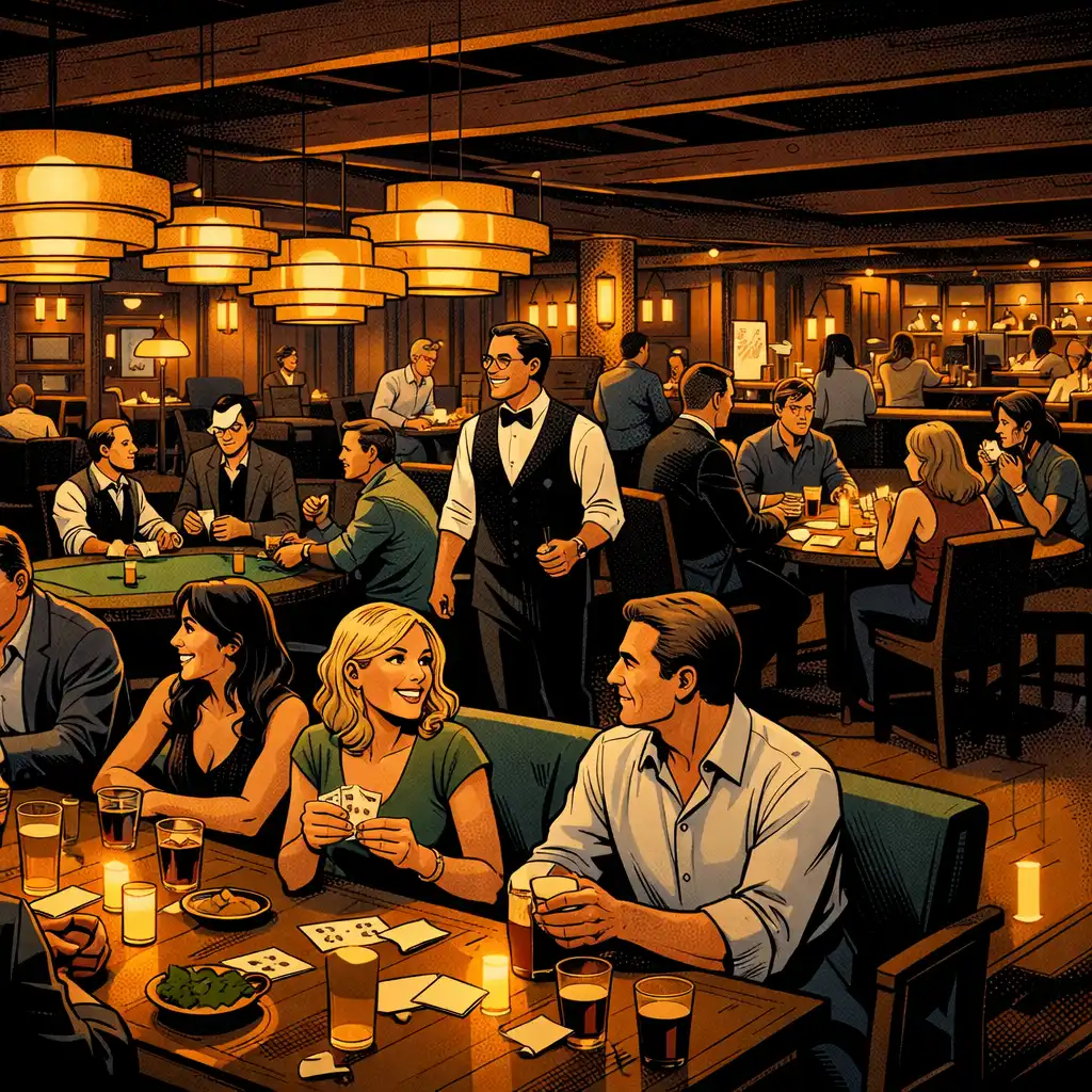 Adults chatting around communal tables in The Golden Fortunee card lounge