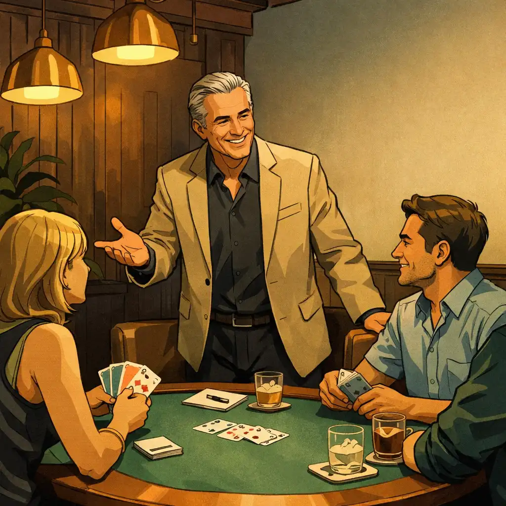 Host welcoming guests around a warmly lit social card table at The Golden Fortunee