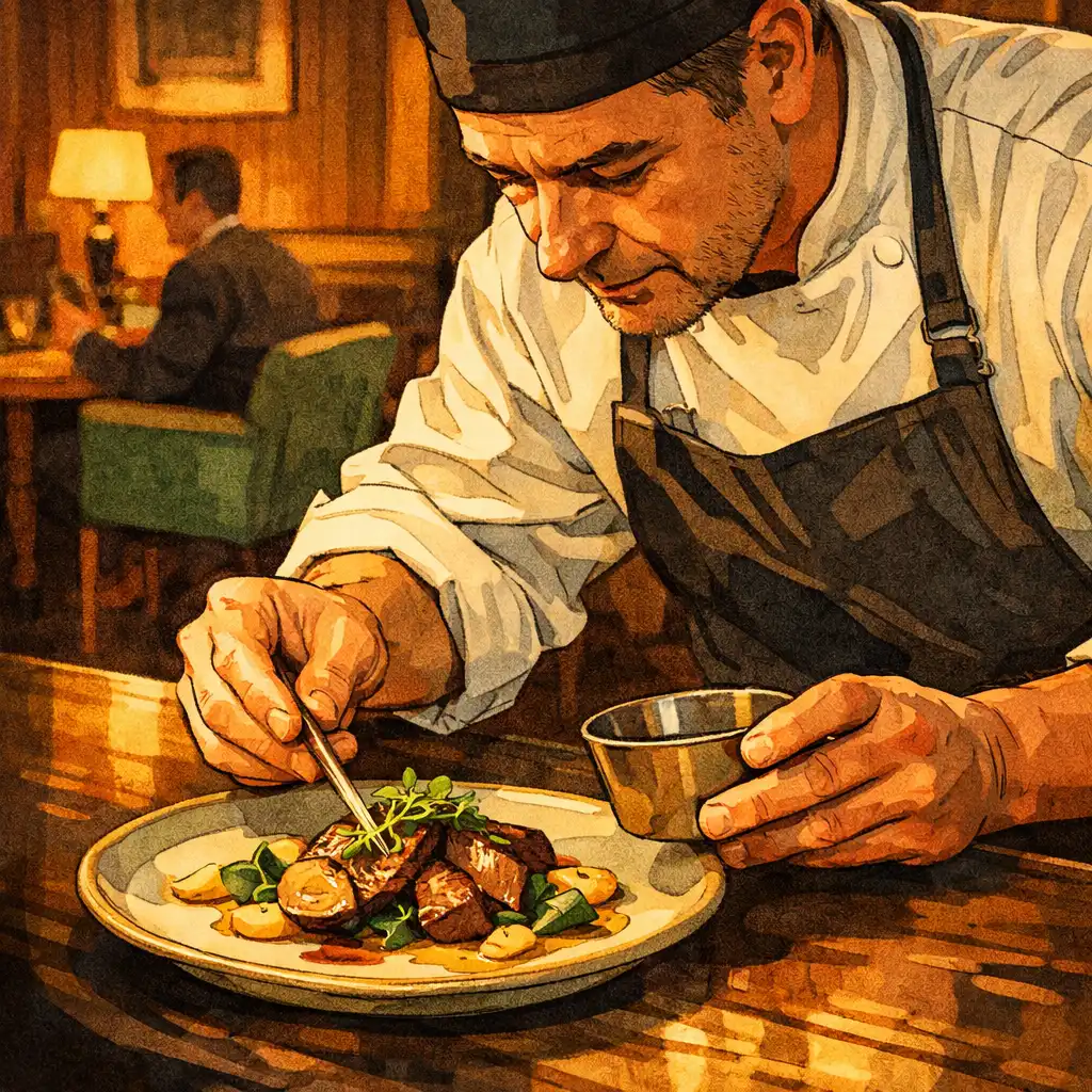 Chef finishing a plated dinner at The Golden Fortunee