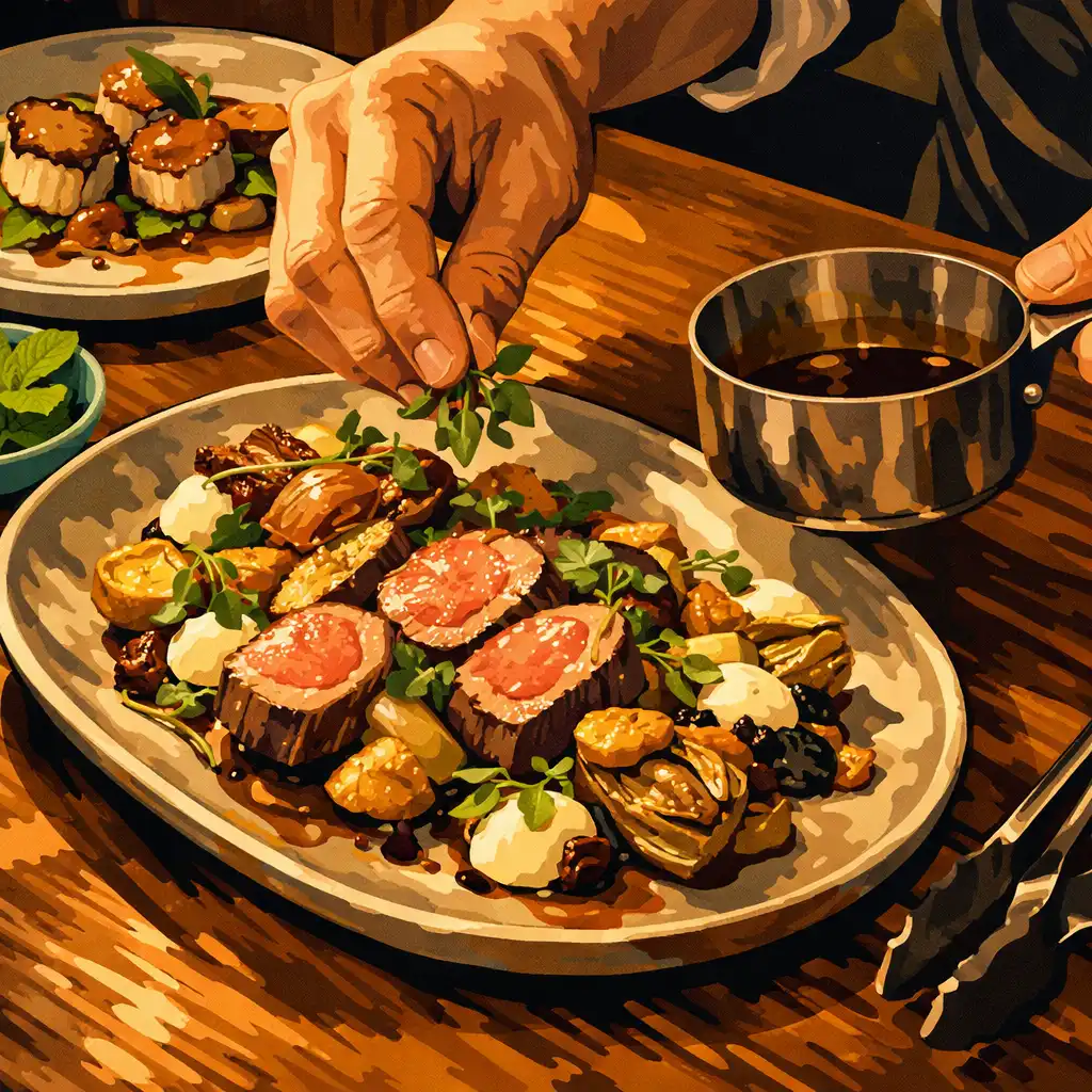 Chef hands finishing a refined plate during dinner service.