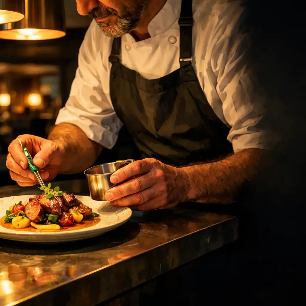 Chef finishing a plated dish at a warmly lit restaurant pass.