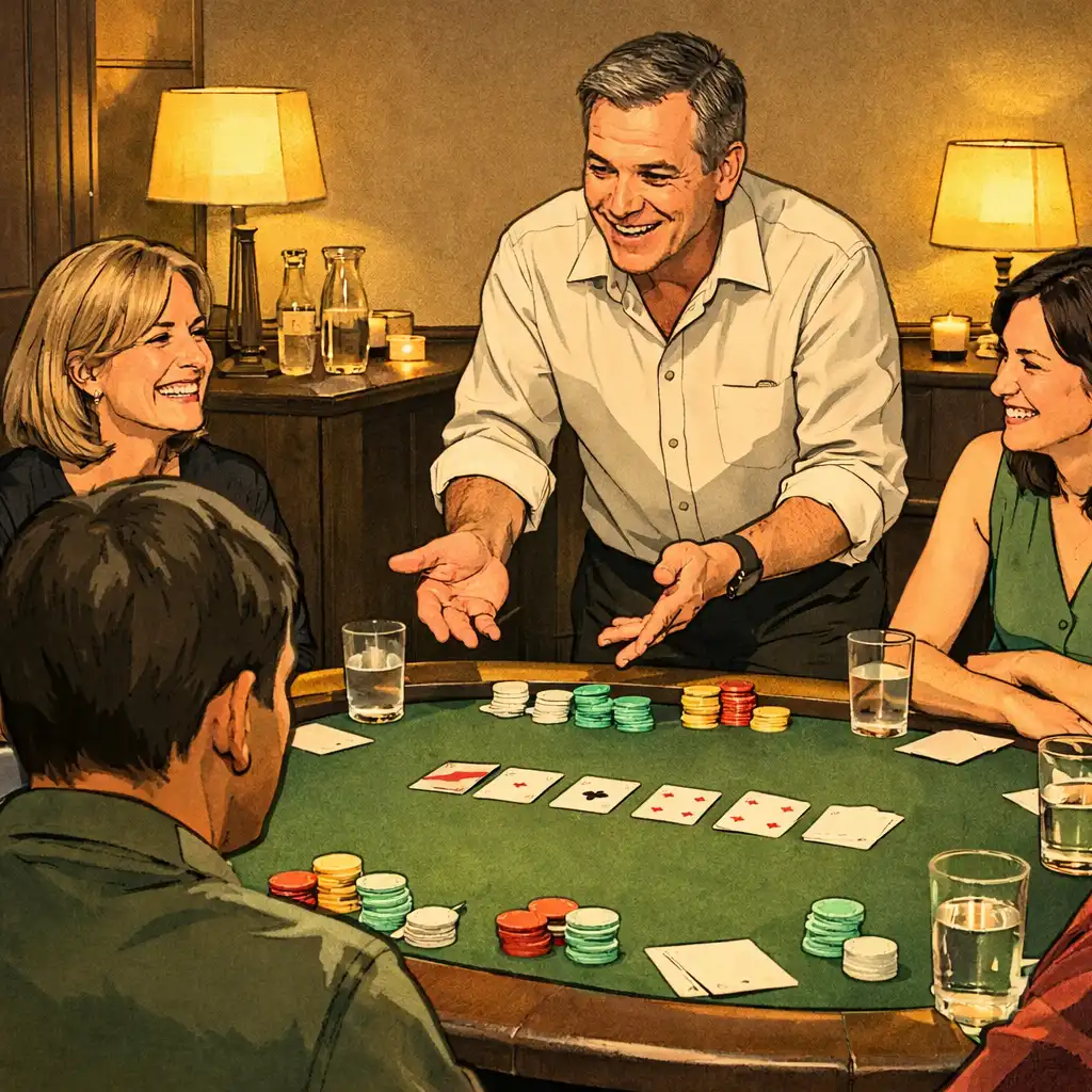 Host guiding guests at an in-person recreational card table with restaurant service nearby.