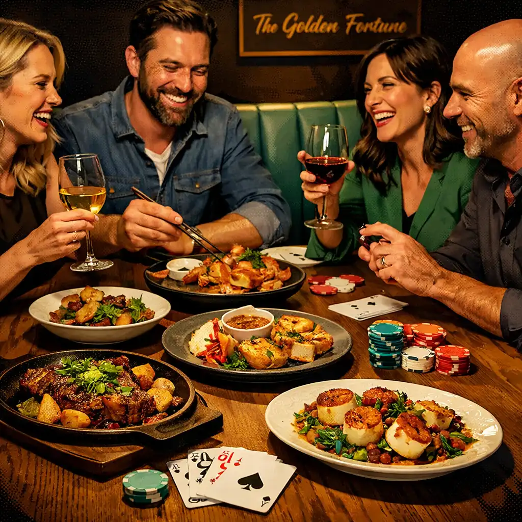 Friends sharing plated dishes and conversation around a timber table with ordinary playing cards.