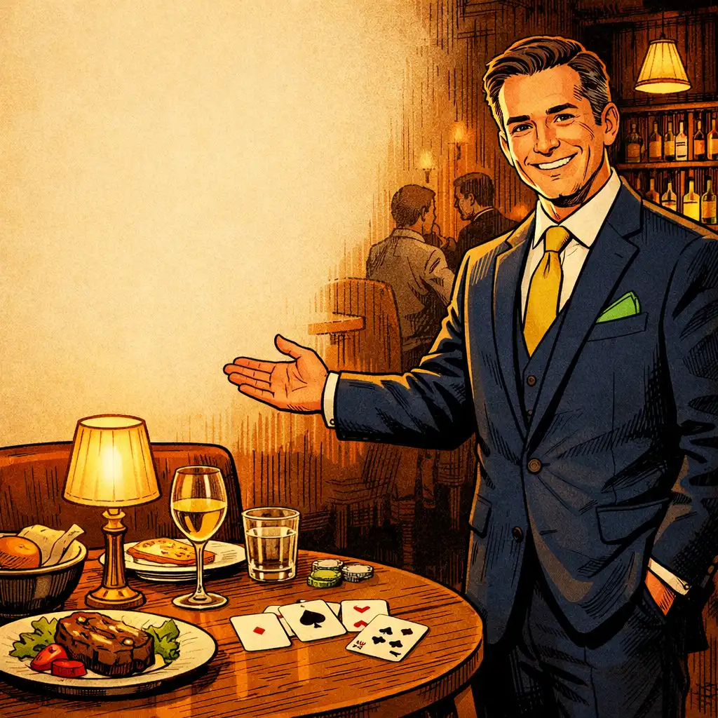 Host welcoming guests beside a warmly set table in The Golden Fortunee card lounge.