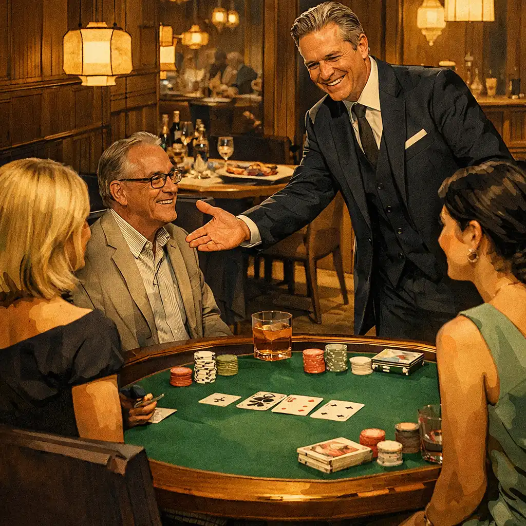 A host welcomes guests beside a green-felt recreational card table in The Golden Fortunee card lounge.