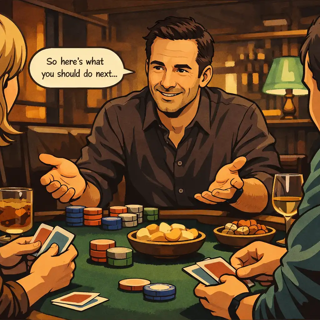 A host guides guests through a relaxed recreational card-table conversation with snacks and drinks nearby.