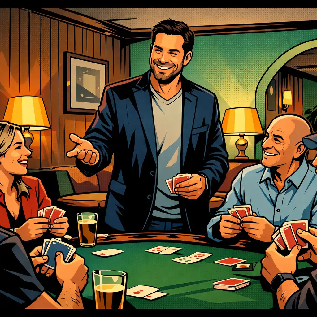 A host leading a relaxed in-person recreational card session for adults around a felt table.