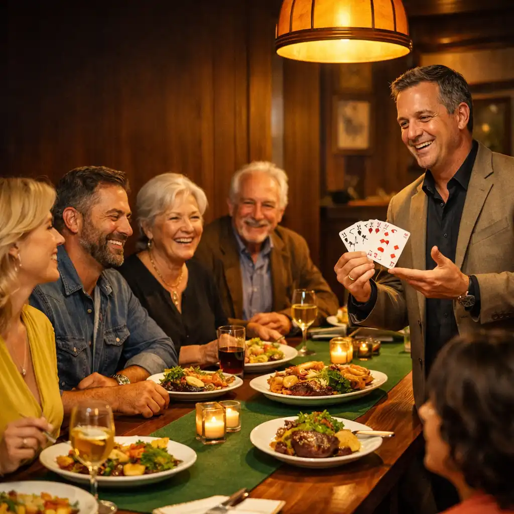 Adults sharing plated dishes at a long table while a host gestures towards cards in The Golden Fortunee card lounge.
