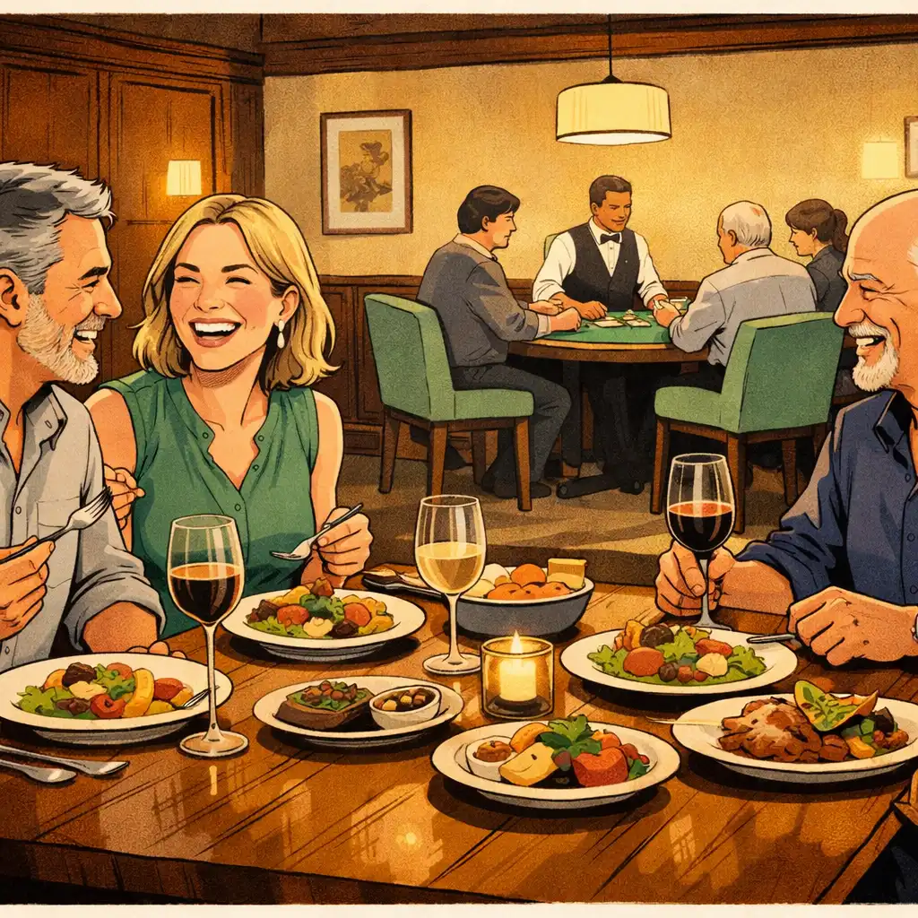 Adults sharing dinner at a timber table with the card lounge softly visible beyond