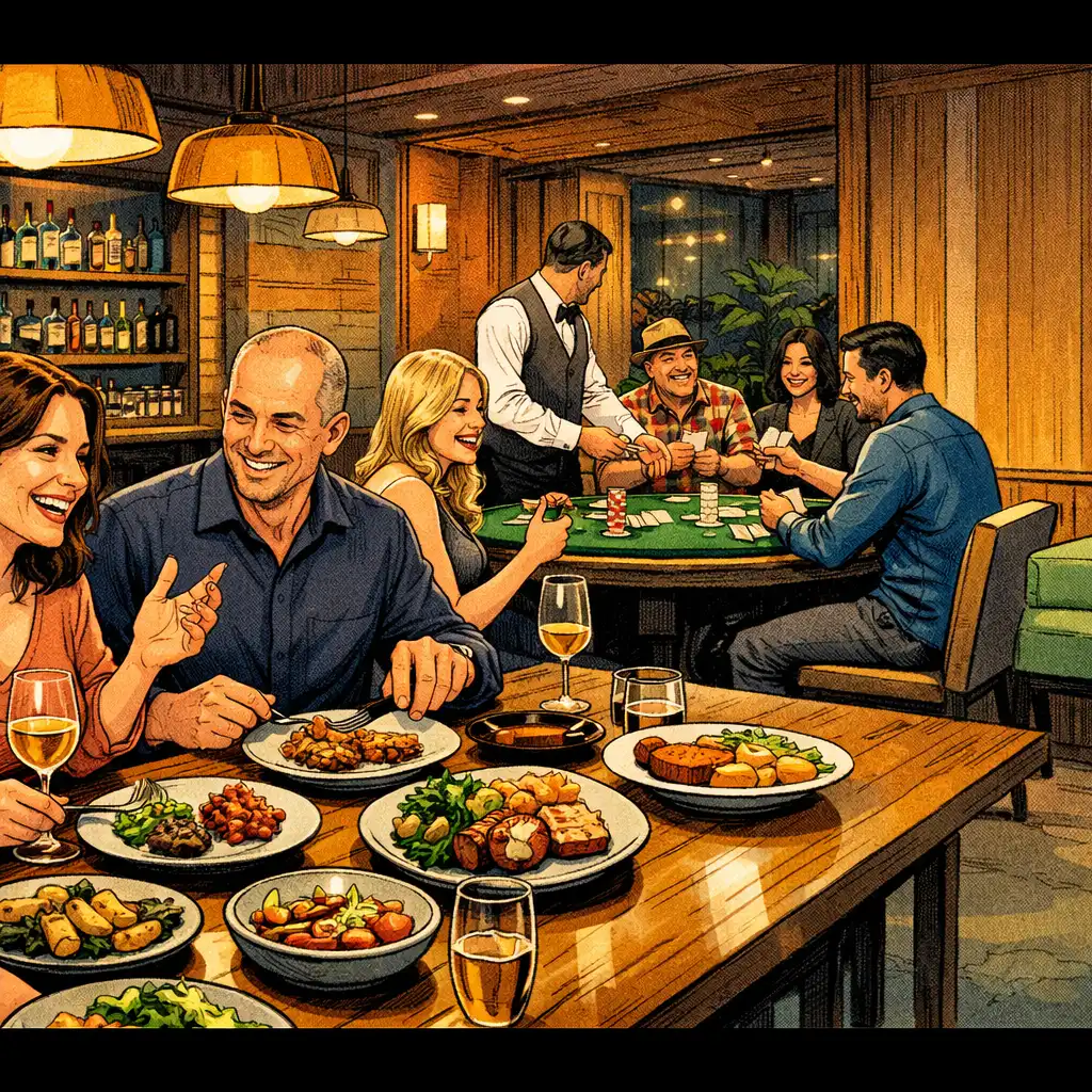 Guests share plated dining and conversation in a warmly lit card lounge beside a hosted recreational table.