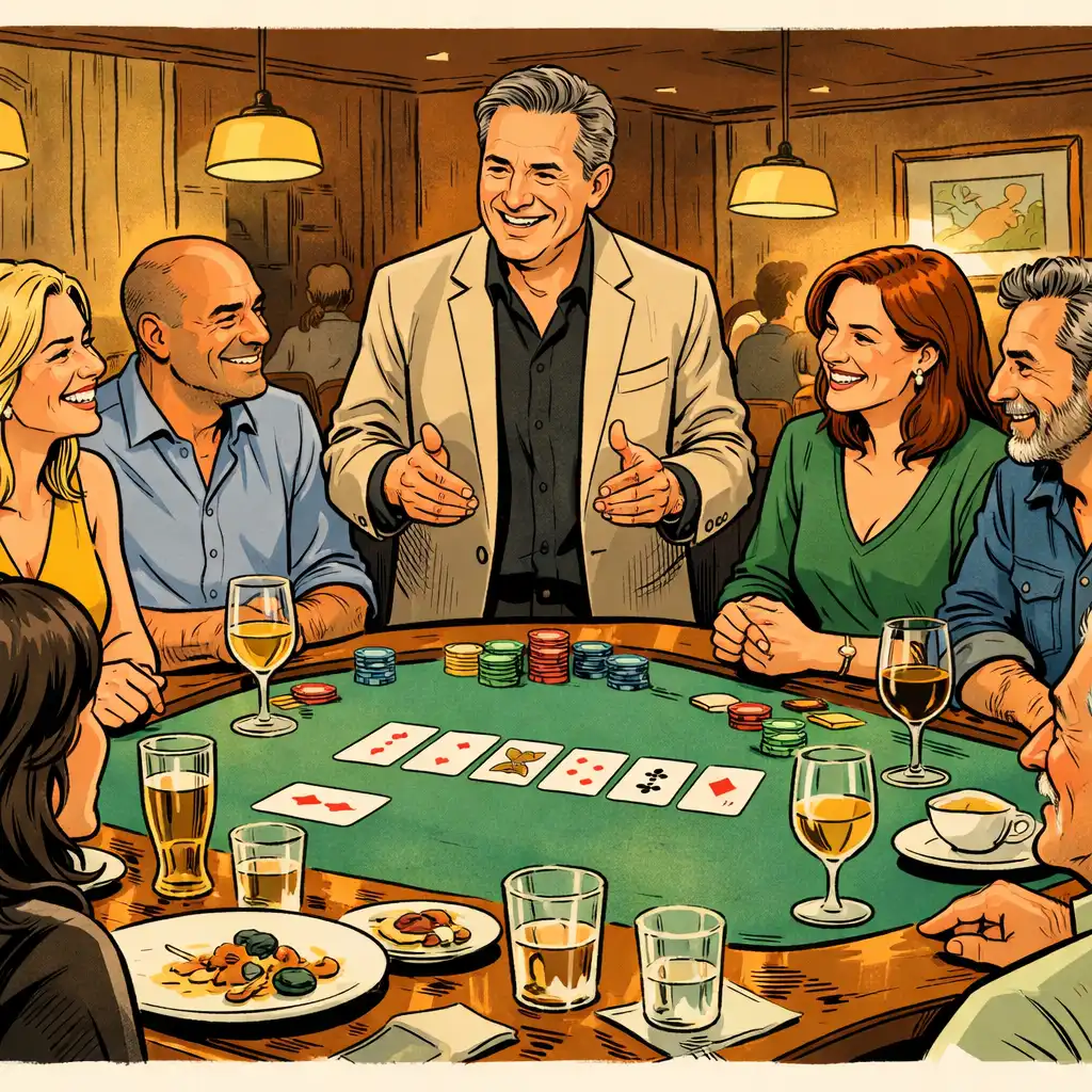 Friends and a host enjoying a social card table in a restaurant card room.