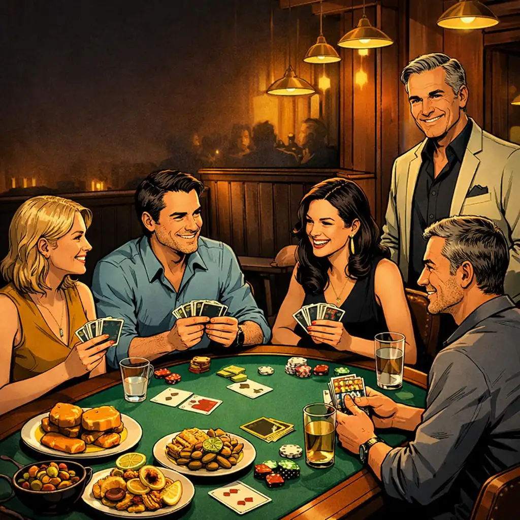 Adult friends sharing plated dishes around a warmly lit green felt card table with a host nearby