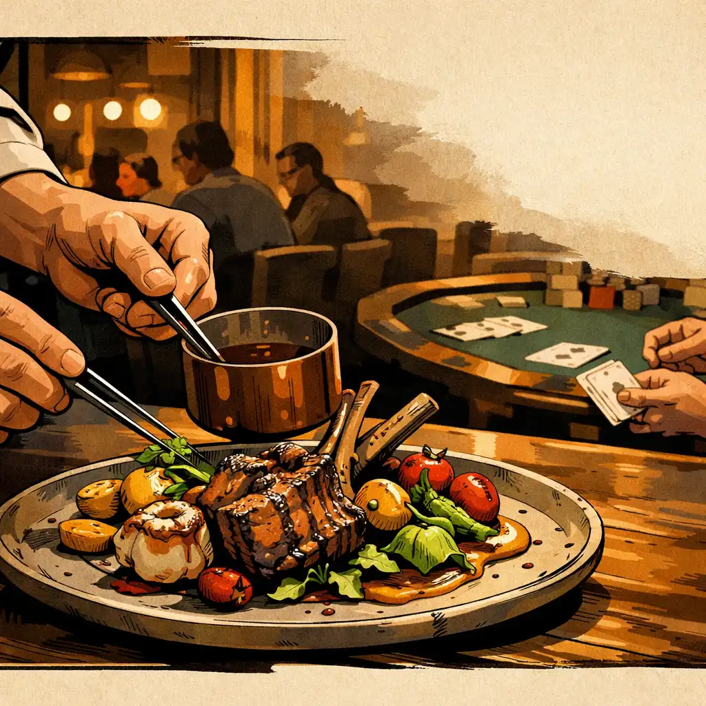 Chef hands finishing a refined shareable plate at a warmly lit restaurant pass
