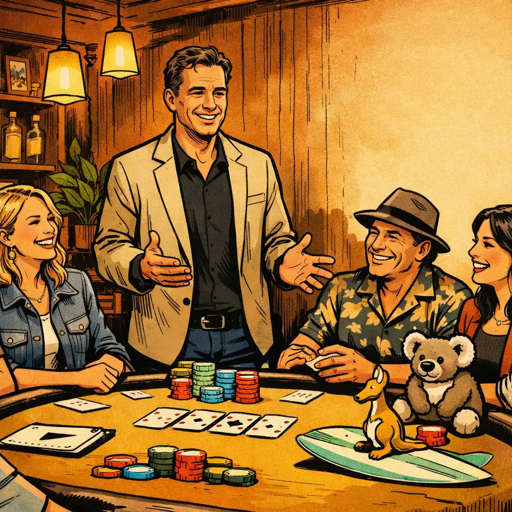A host guiding adult guests around a relaxed felt table in a stylish card room